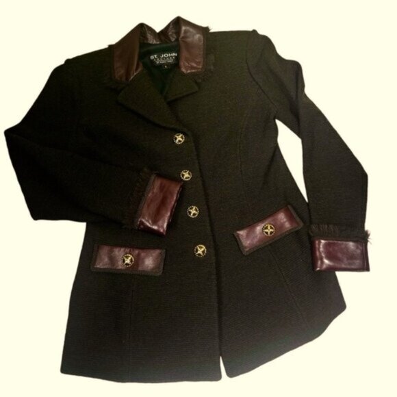 St.John Couture Vintage Knit Leather Fur Jacket Blazer  Wool Silk Classic Luxury - Picture 3 of 16